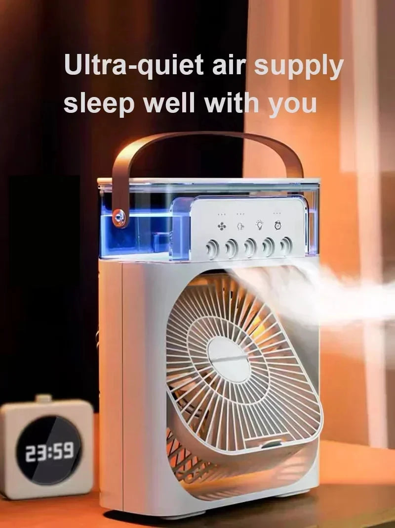 Portable 3 In 1 Mini Air Cooler Fan Humidifier LED Night Light Adjustable Wind Speed Desktop Cooling Fan For Bedroom Office Stud